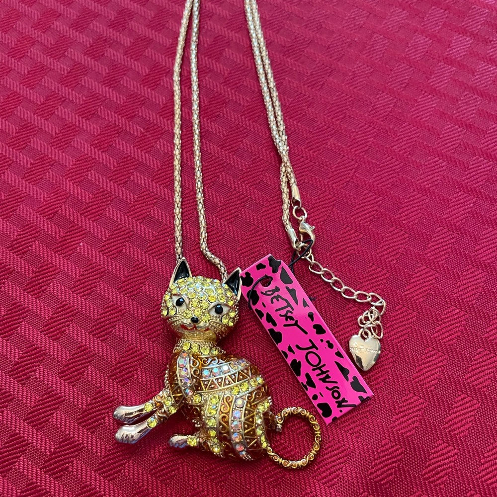 Betsey Johnson Gold Crystal Cat Necklace with Pink Logo Tag